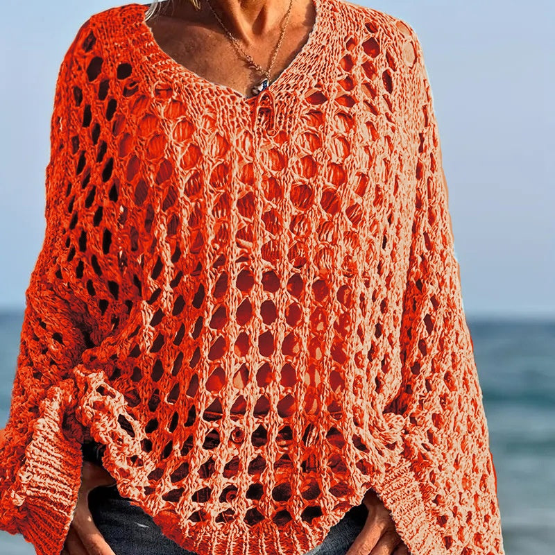 Women's Crochet Knit Sweater V Neck Open Knit Loose Fit Beach Cover Up Top - Seldom Seen Styles