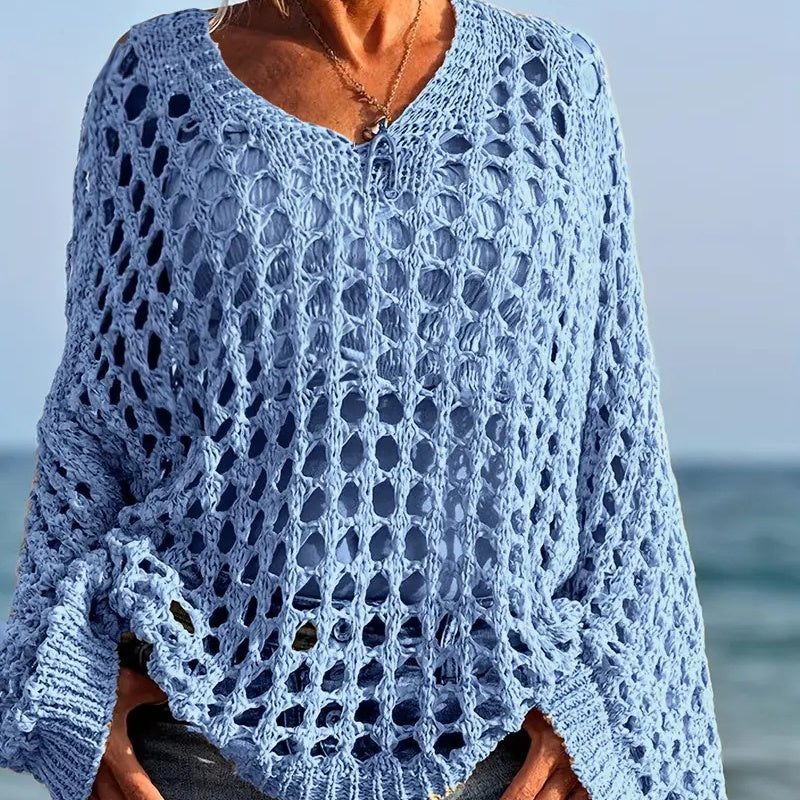 Women's Crochet Knit Sweater V Neck Open Knit Loose Fit Beach Cover Up Top - Seldom Seen Styles