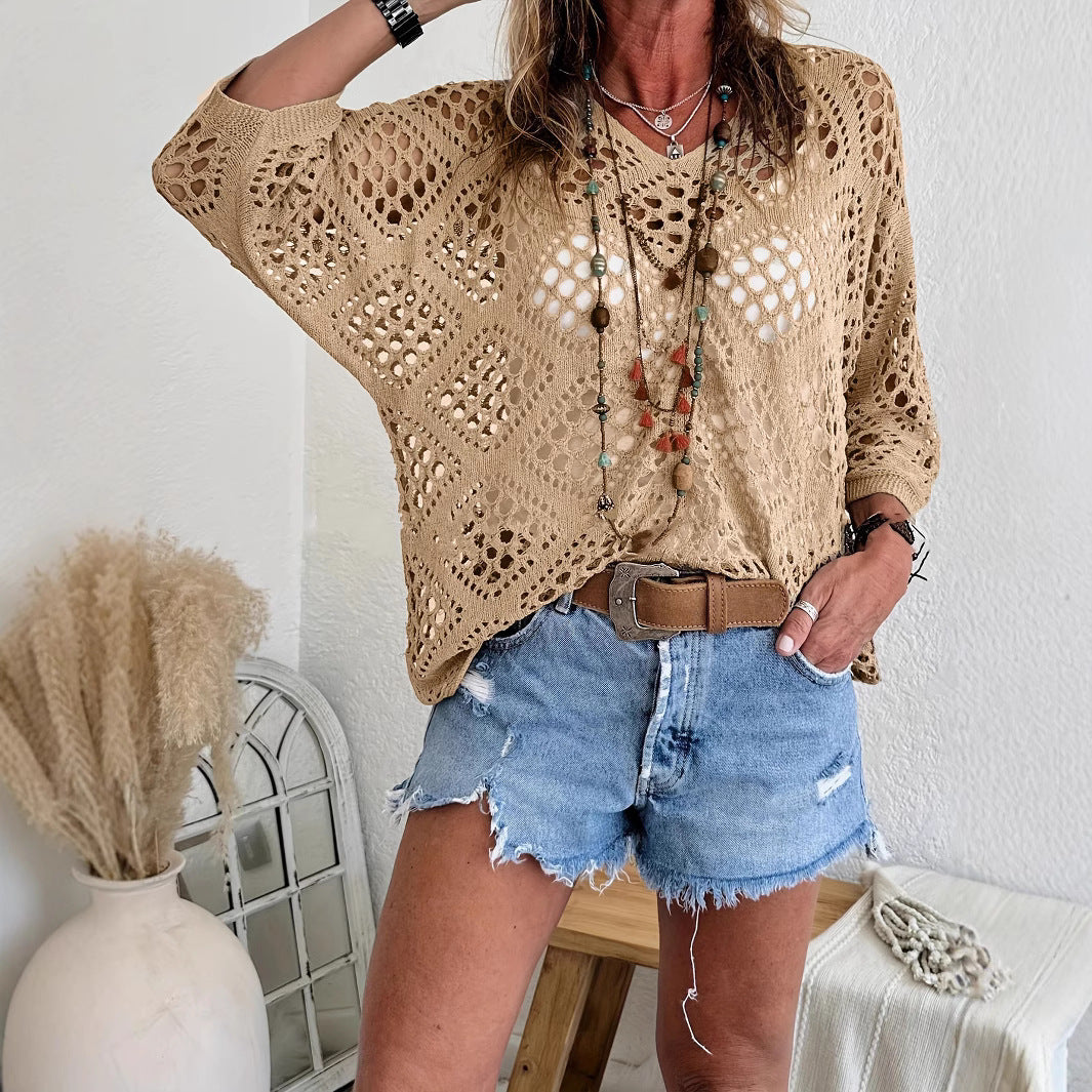 Women's Crochet Knit Top V Neck Open Knit Loose Fit Long Sleeve Boho Summer Sweater - Seldom Seen Styles
