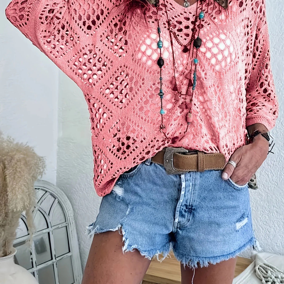 Women's Crochet Knit Top V Neck Open Knit Loose Fit Long Sleeve Boho Summer Sweater - Seldom Seen Styles