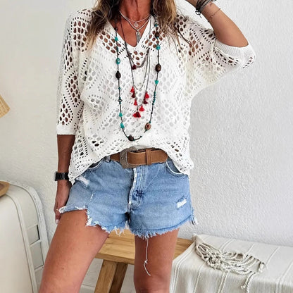 Women's Crochet Knit Top V Neck Open Knit Loose Fit Long Sleeve Boho Summer Sweater
