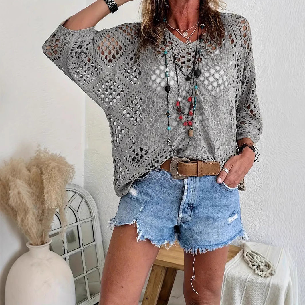 Women's Crochet Knit Top V Neck Open Knit Loose Fit Long Sleeve Boho Summer Sweater - Seldom Seen Styles