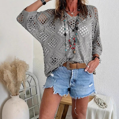 Women's Crochet Knit Top V Neck Open Knit Loose Fit Long Sleeve Boho Summer Sweater