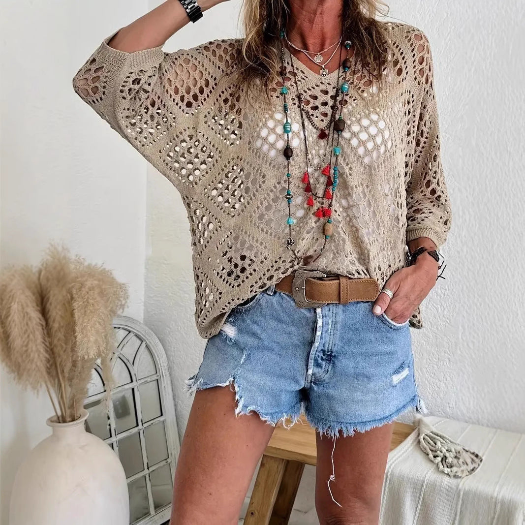 Women's Crochet Knit Top V Neck Open Knit Loose Fit Long Sleeve Boho Summer Sweater - Seldom Seen Styles