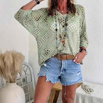 Women's Crochet Knit Top V Neck Open Knit Loose Fit Long Sleeve Boho Summer Sweater