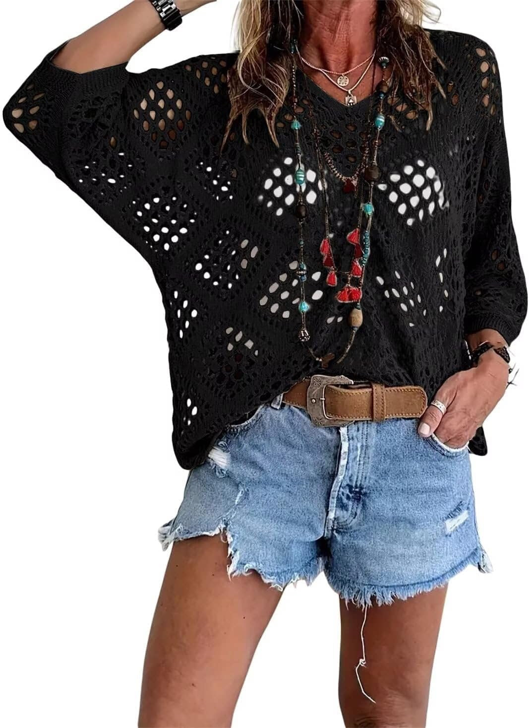 Women's Crochet Knit Top V Neck Open Knit Loose Fit Long Sleeve Boho Summer Sweater - Seldom Seen Styles
