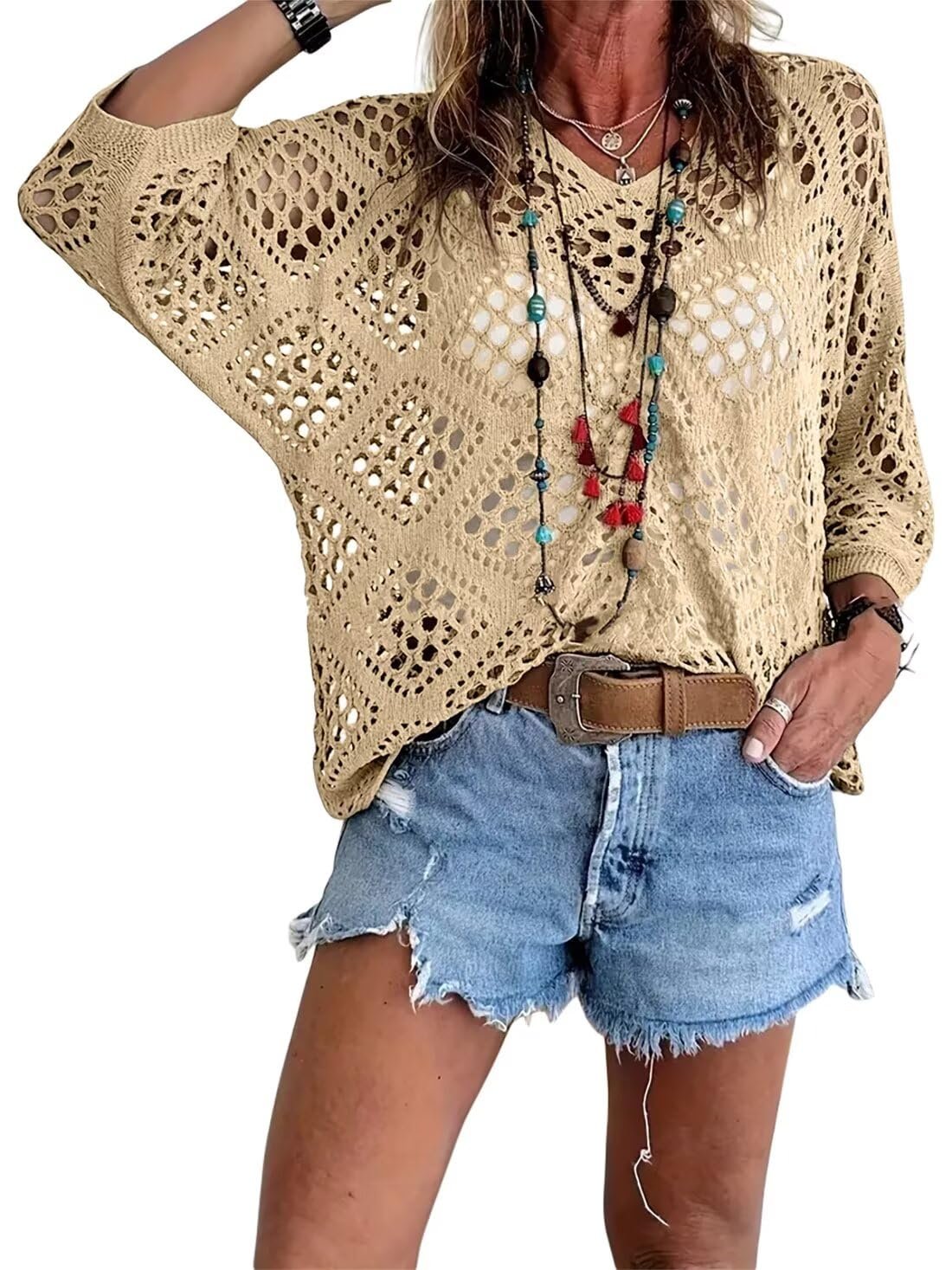 Women's Crochet Knit Top V Neck Open Knit Loose Fit Long Sleeve Boho Summer Sweater - Seldom Seen Styles