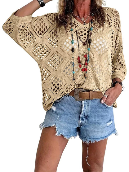 Women's Crochet Knit Top V Neck Open Knit Loose Fit Long Sleeve Boho Summer Sweater