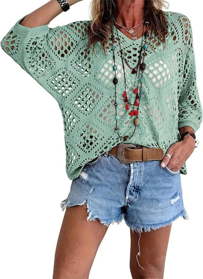 Women's Crochet Knit Top V Neck Open Knit Loose Fit Long Sleeve Boho Summer Sweater