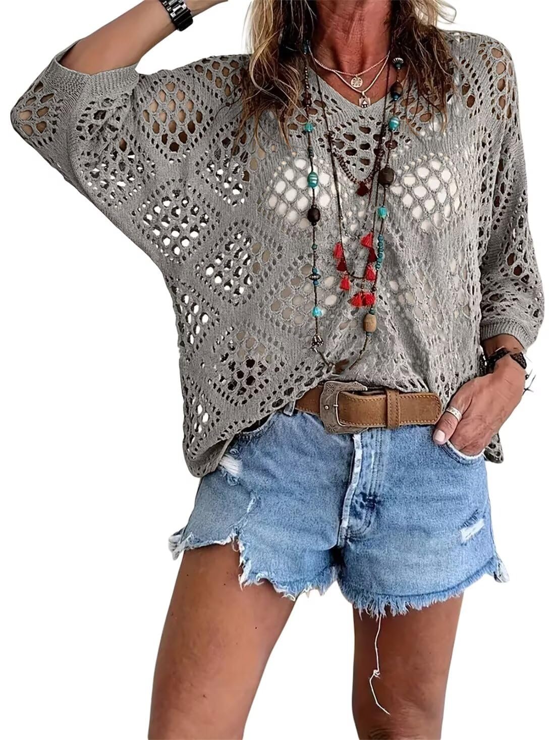 Women's Crochet Knit Top V Neck Open Knit Loose Fit Long Sleeve Boho Summer Sweater - Seldom Seen Styles