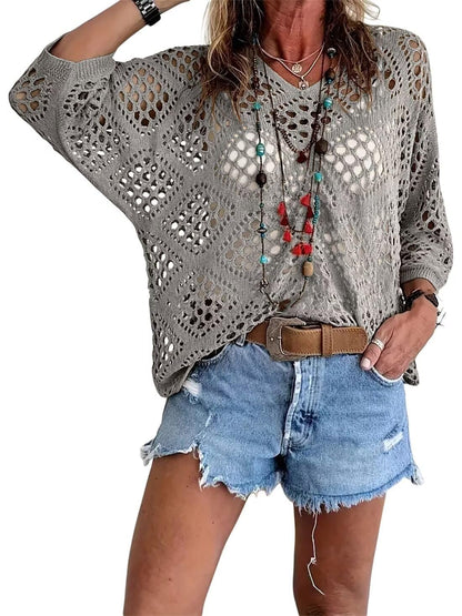 Women's Crochet Knit Top V Neck Open Knit Loose Fit Long Sleeve Boho Summer Sweater