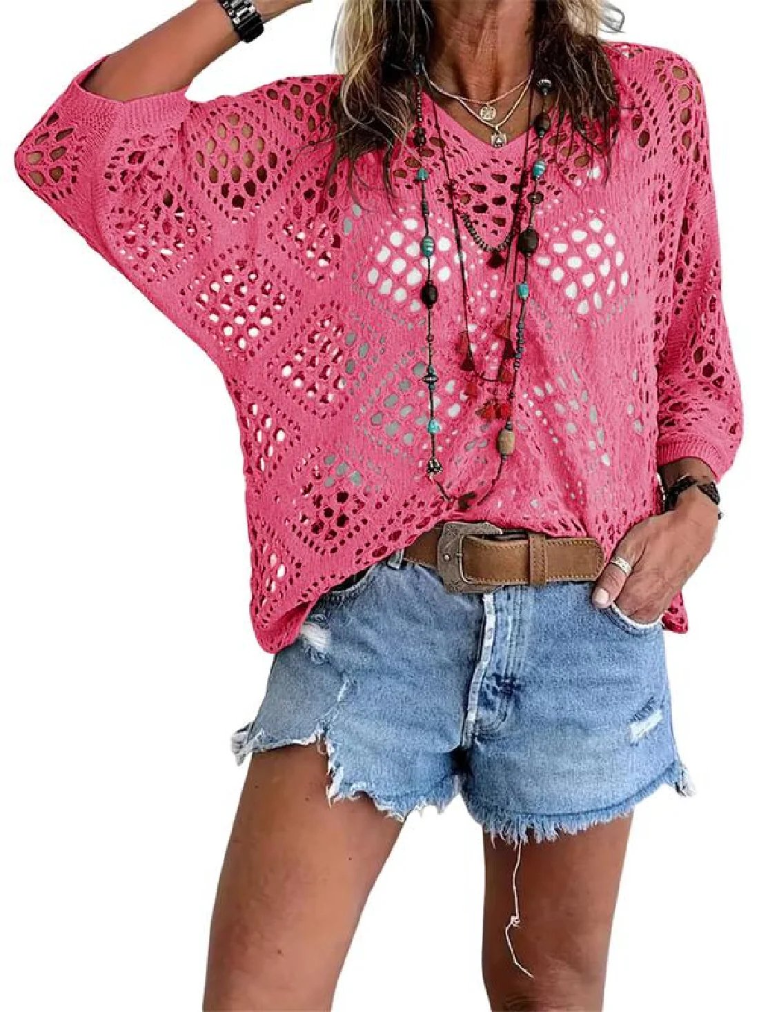 Women's Crochet Knit Top V Neck Open Knit Loose Fit Long Sleeve Boho Summer Sweater - Seldom Seen Styles