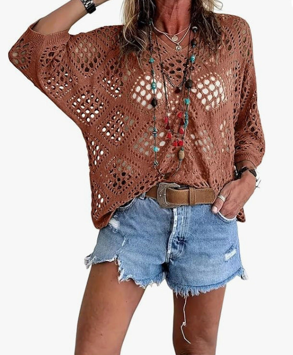 Women's Crochet Knit Top V Neck Open Knit Loose Fit Long Sleeve Boho Summer Sweater - Seldom Seen Styles