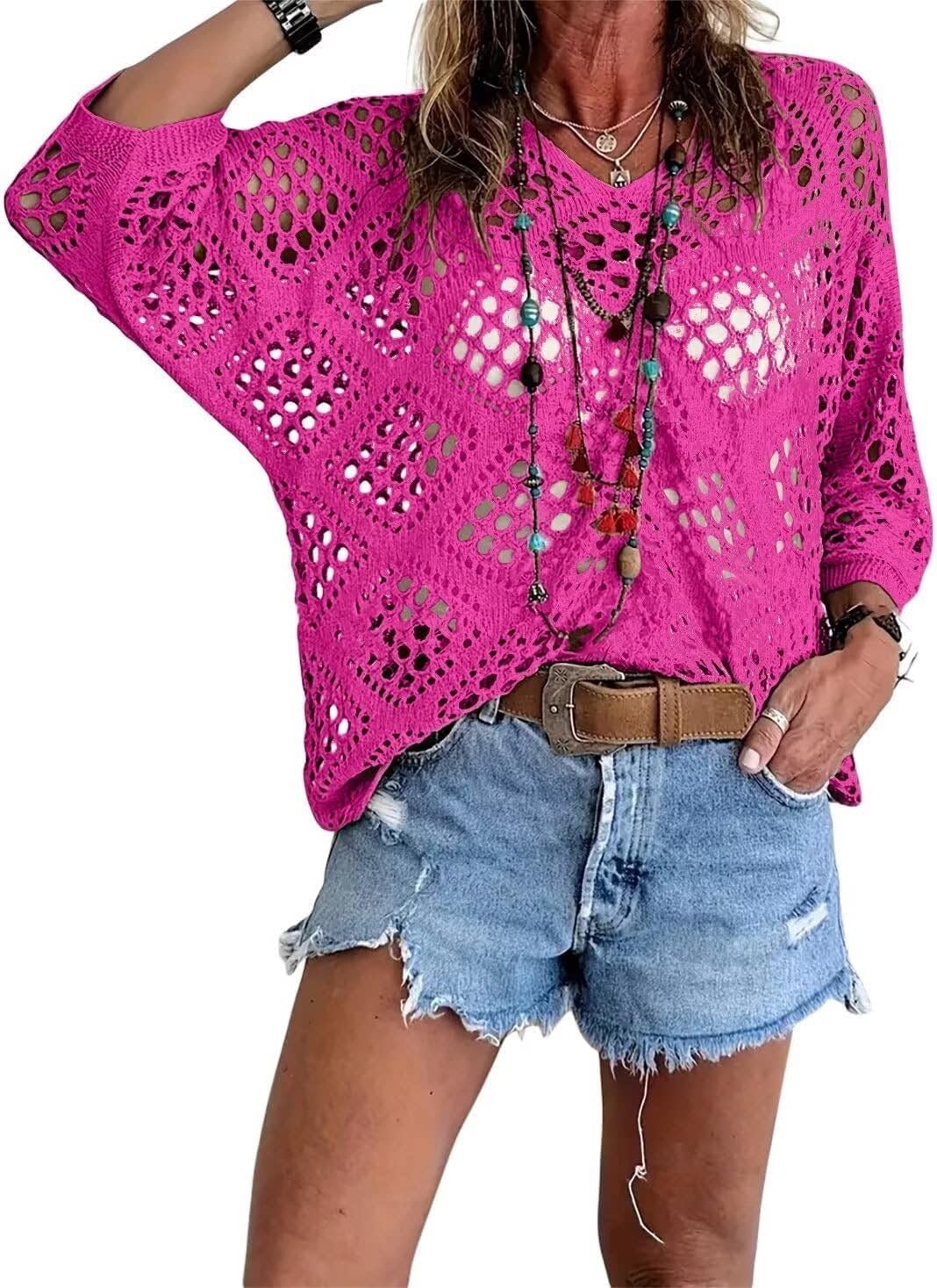 Women's Crochet Knit Top V Neck Open Knit Loose Fit Long Sleeve Boho Summer Sweater - Seldom Seen Styles