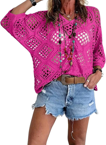 Women's Crochet Knit Top V Neck Open Knit Loose Fit Long Sleeve Boho Summer Sweater