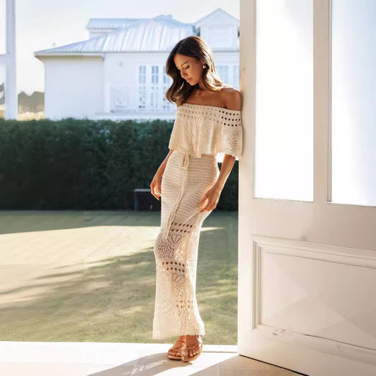 Women's Crochet Maxi Dress Off Shoulder Knit Beach Vacation Dress - Seldom Seen Styles