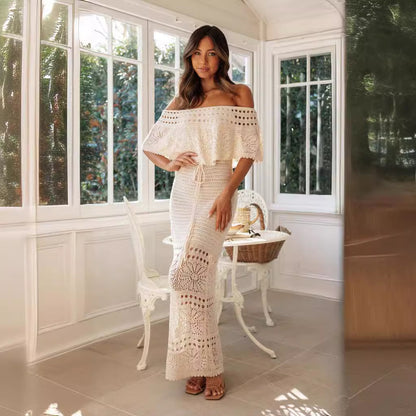 Women's Crochet Maxi Dress Off Shoulder Knit Beach Vacation Dress