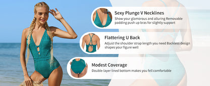 Women's Crochet One Piece Swimsuit V Neck High Waist Hollow Monokini Sexy Bathing Suit Beach Vacation Swimwear