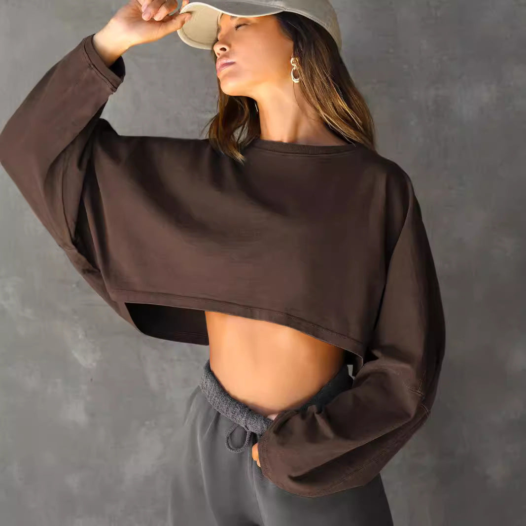 Women's Cropped Sweatshirt Oversized Long Sleeve Pullover Crew Neck Athletic Crop Top Casual Streetwear