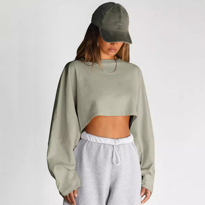 Women's Cropped Sweatshirt Oversized Long Sleeve Pullover Crew Neck Athletic Crop Top Casual Streetwear