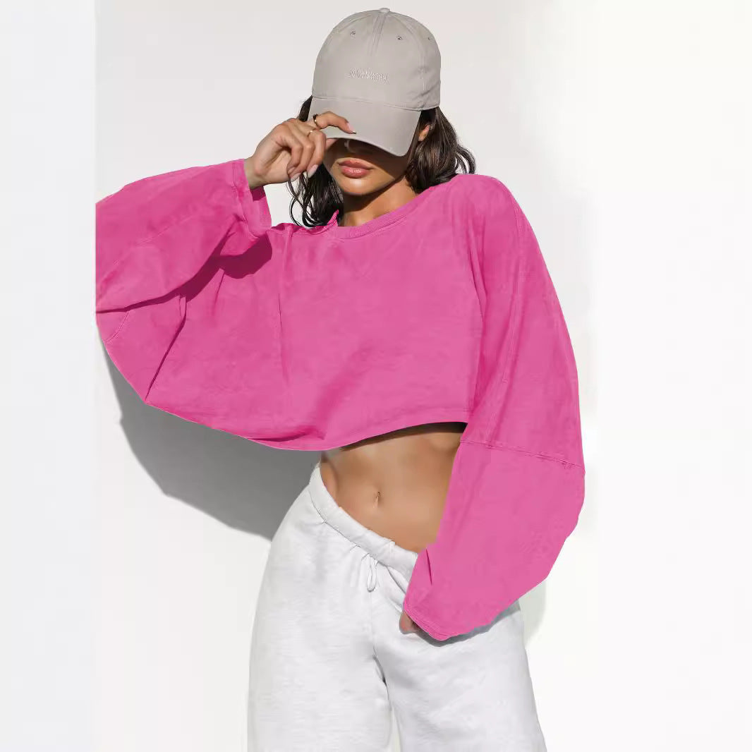 Women's Cropped Sweatshirt Oversized Long Sleeve Pullover Crew Neck Athletic Crop Top Casual Streetwear