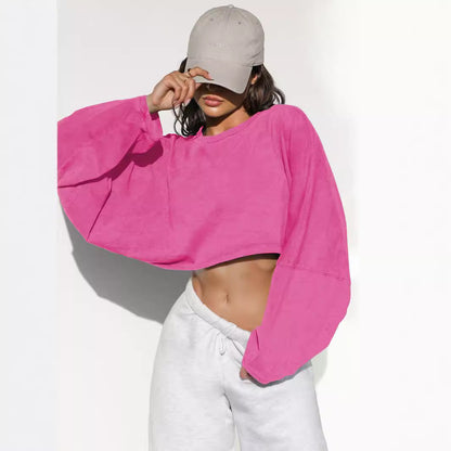 Women's Cropped Sweatshirt Oversized Long Sleeve Pullover Crew Neck Athletic Crop Top Casual Streetwear