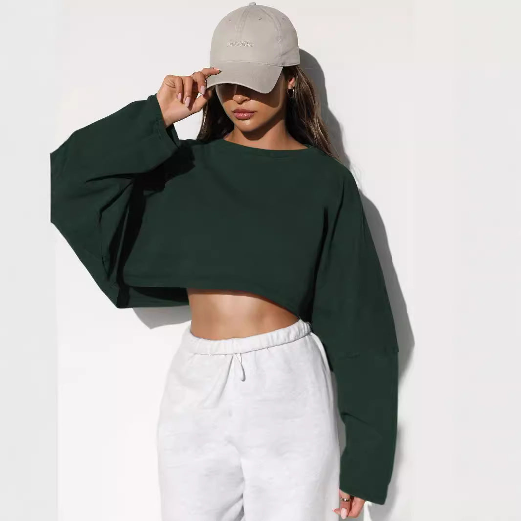 Women's Cropped Sweatshirt Oversized Long Sleeve Pullover Crew Neck Athletic Crop Top Casual Streetwear