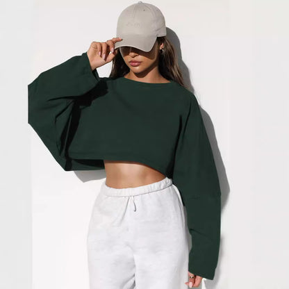 Women's Cropped Sweatshirt Oversized Long Sleeve Pullover Crew Neck Athletic Crop Top Casual Streetwear