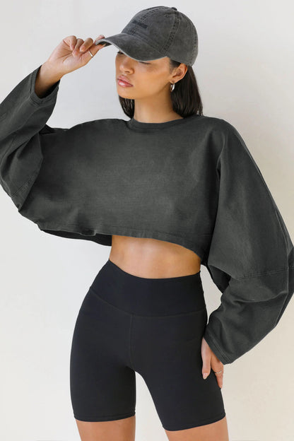 Women's Cropped Sweatshirt Oversized Long Sleeve Pullover Crew Neck Athletic Crop Top Casual Streetwear