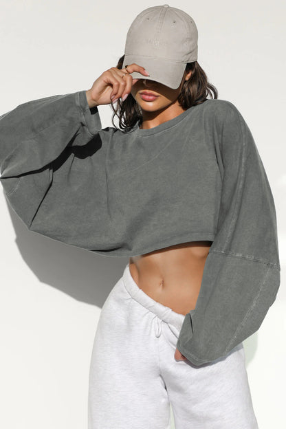 Women's Cropped Sweatshirt Oversized Long Sleeve Pullover Crew Neck Athletic Crop Top Casual Streetwear