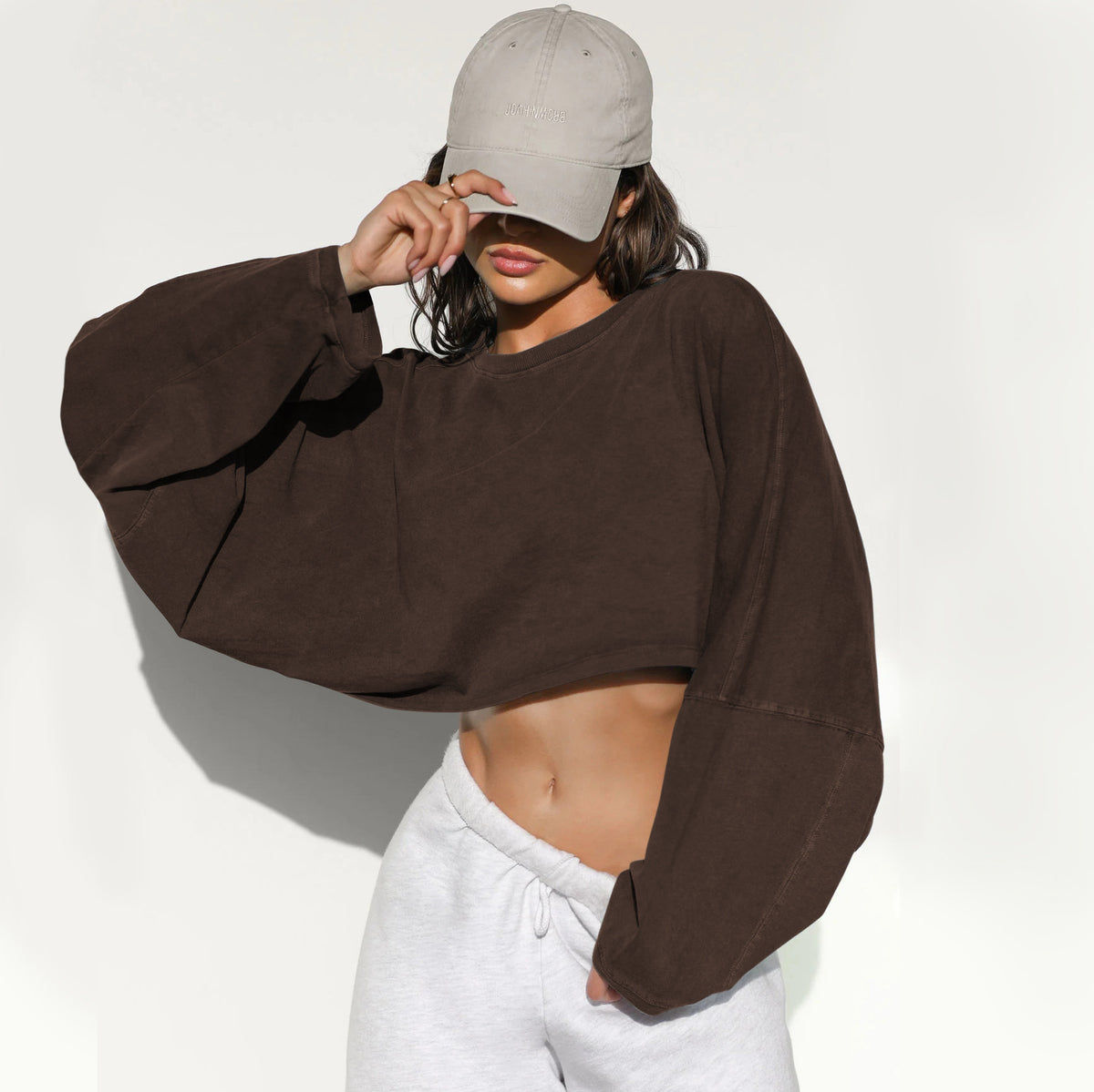 Women's Cropped Sweatshirt Oversized Long Sleeve Pullover Crew Neck Athletic Crop Top Casual Streetwear
