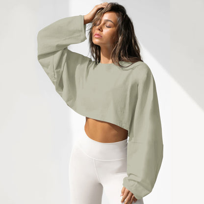 Women's Cropped Sweatshirt Oversized Long Sleeve Pullover Crew Neck Athletic Crop Top Casual Streetwear