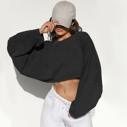 Women's Cropped Sweatshirt Oversized Long Sleeve Pullover Crew Neck Athletic Crop Top Casual Streetwear