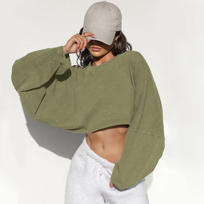 Women's Cropped Sweatshirt Oversized Long Sleeve Pullover Crew Neck Athletic Crop Top Casual Streetwear