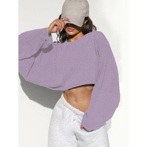 Women's Cropped Sweatshirt Oversized Long Sleeve Pullover Crew Neck Athletic Crop Top Casual Streetwear