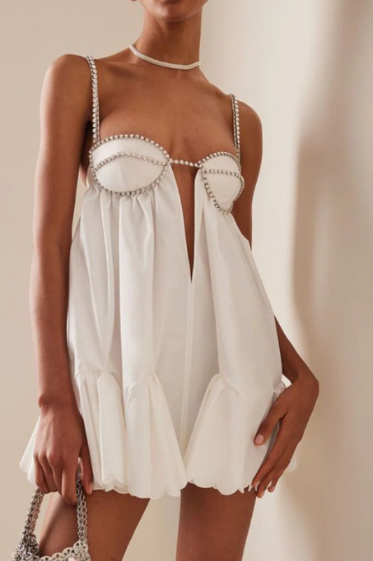 Women's Crystal Trim Scallop Hem Mini Dress Sweetheart Neckline Padded Cups Chest Cutout Adjustable Straps Zip Back Party Cocktail Dress - Seldom Seen Styles