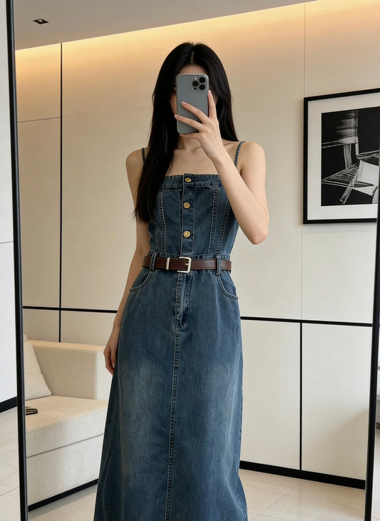 Women's Dark Blue Washed Denim Spaghetti Strap Square Neck Belted Midi Dress Gold Button Front Slit Side Pockets with Free Belt S M L MiniHey HH - Seldom Seen Styles