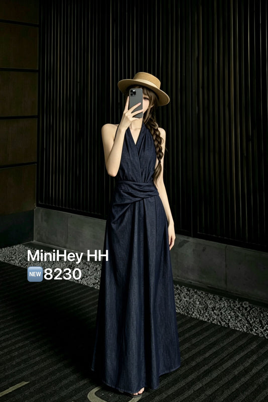 Women's Dark Navy Denim Halter Neck Wrap Ruched Maxi Dress Sleeveless Backless S M L MiniHey HH8230 - Seldom Seen Styles