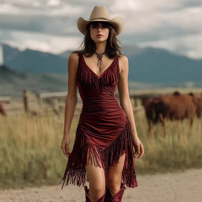 Women's Deep V Fringe Slip Dress Retro Western Boho Sexy Slim Vacation Party Dress