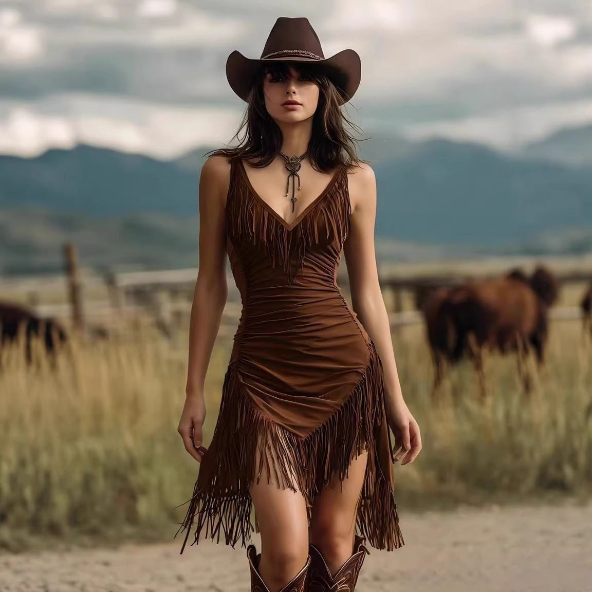Women's Deep V Fringe Slip Dress Retro Western Boho Sexy Slim Vacation Party Dress - Seldom Seen Styles