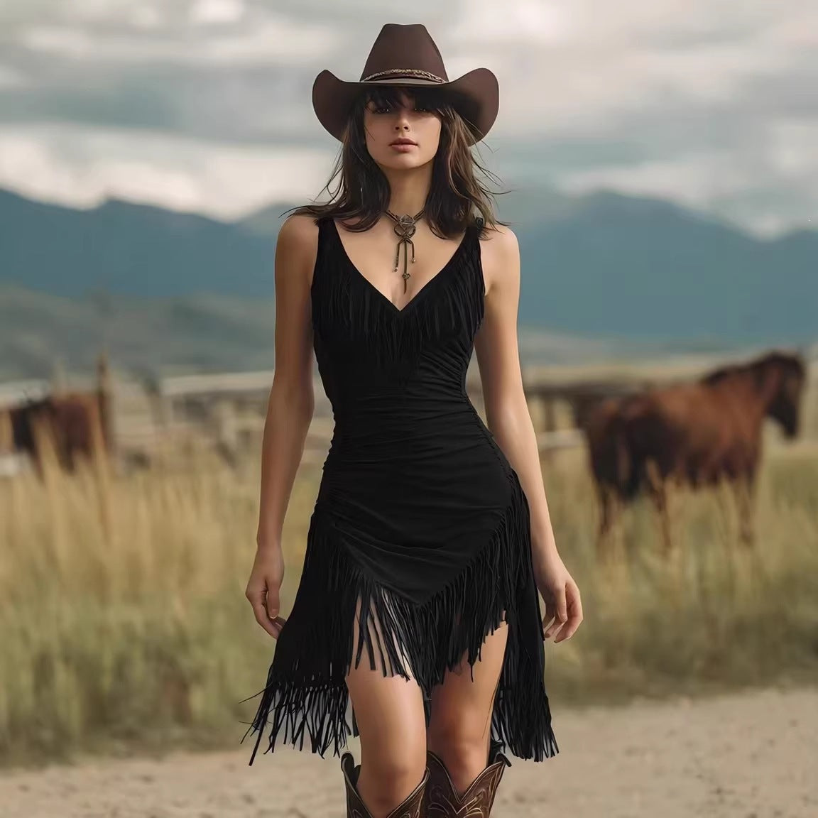 Women's Deep V Fringe Slip Dress Retro Western Boho Sexy Slim Vacation Party Dress - Seldom Seen Styles