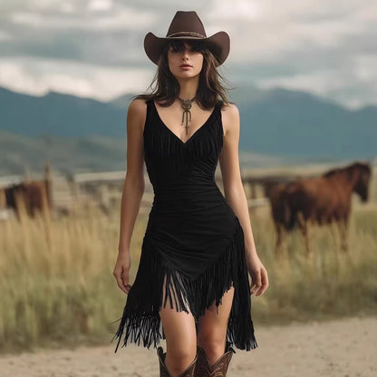 Women's Deep V Fringe Slip Dress Retro Western Boho Sexy Slim Vacation Party Dress