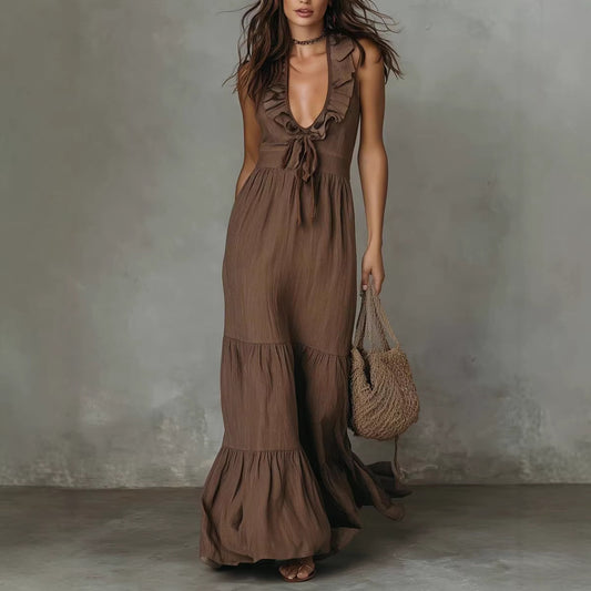 Women's Deep V Neck Ruffle Sleeveless Maxi Dress Loose Fit Casual Summer Beach Dress - Seldom Seen Styles