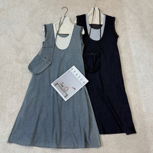 Women's Denim Fake Two-Piece Sleeveless U-Neck A-Line Midi Dress Ruffle Shoulder Detail with Free Mini Bag Dark Navy Blue Grey One Size - Seldom Seen Styles