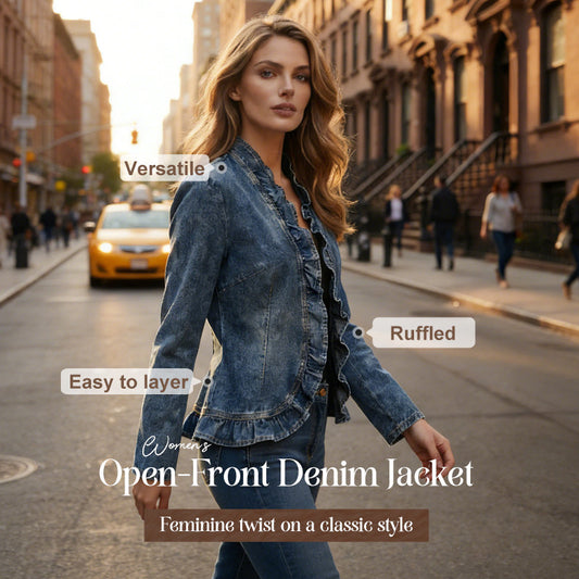 Women's Denim Jacket – Open-Front, Ruffle Trim, Lightweight, Classic Wash - Seldom Seen Styles