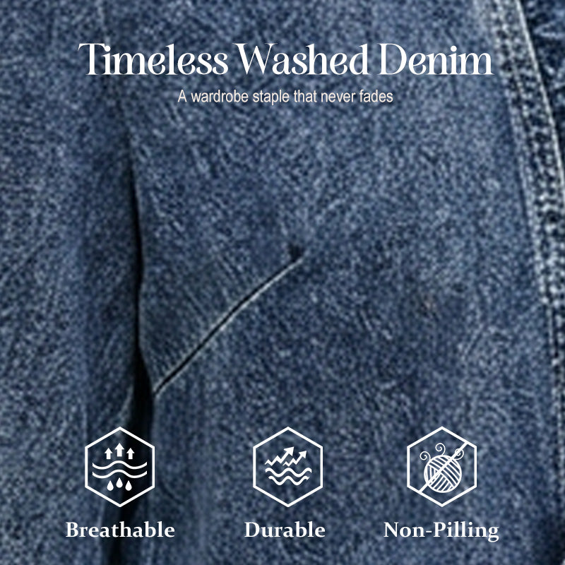Women's Denim Jacket – Open-Front, Ruffle Trim, Lightweight, Classic Wash - Seldom Seen Styles