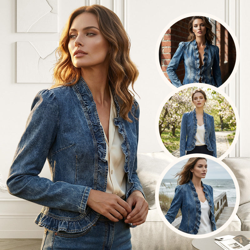 Women's Denim Jacket – Open-Front, Ruffle Trim, Lightweight, Classic Wash - Seldom Seen Styles