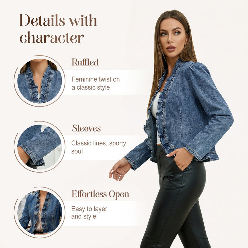 Women's Denim Jacket – Open-Front, Ruffle Trim, Lightweight, Classic Wash - Seldom Seen Styles