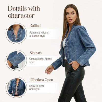 Women's Denim Jacket – Open-Front, Ruffle Trim, Lightweight, Classic Wash