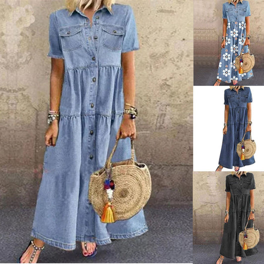 Women's Denim Maxi Dress Button Down Short Sleeve Casual Loose Shirt Dress with Pockets - Seldom Seen Styles